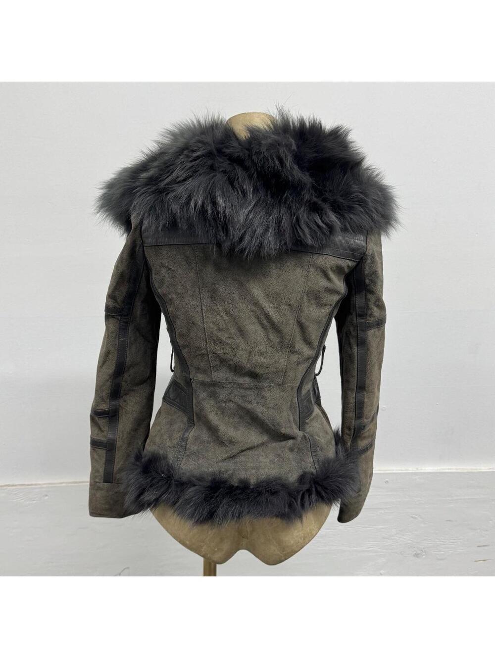 Vintage ONLY Grey Suede Funnel-Neck Fox Fur Jacket - Picture 5 of 8